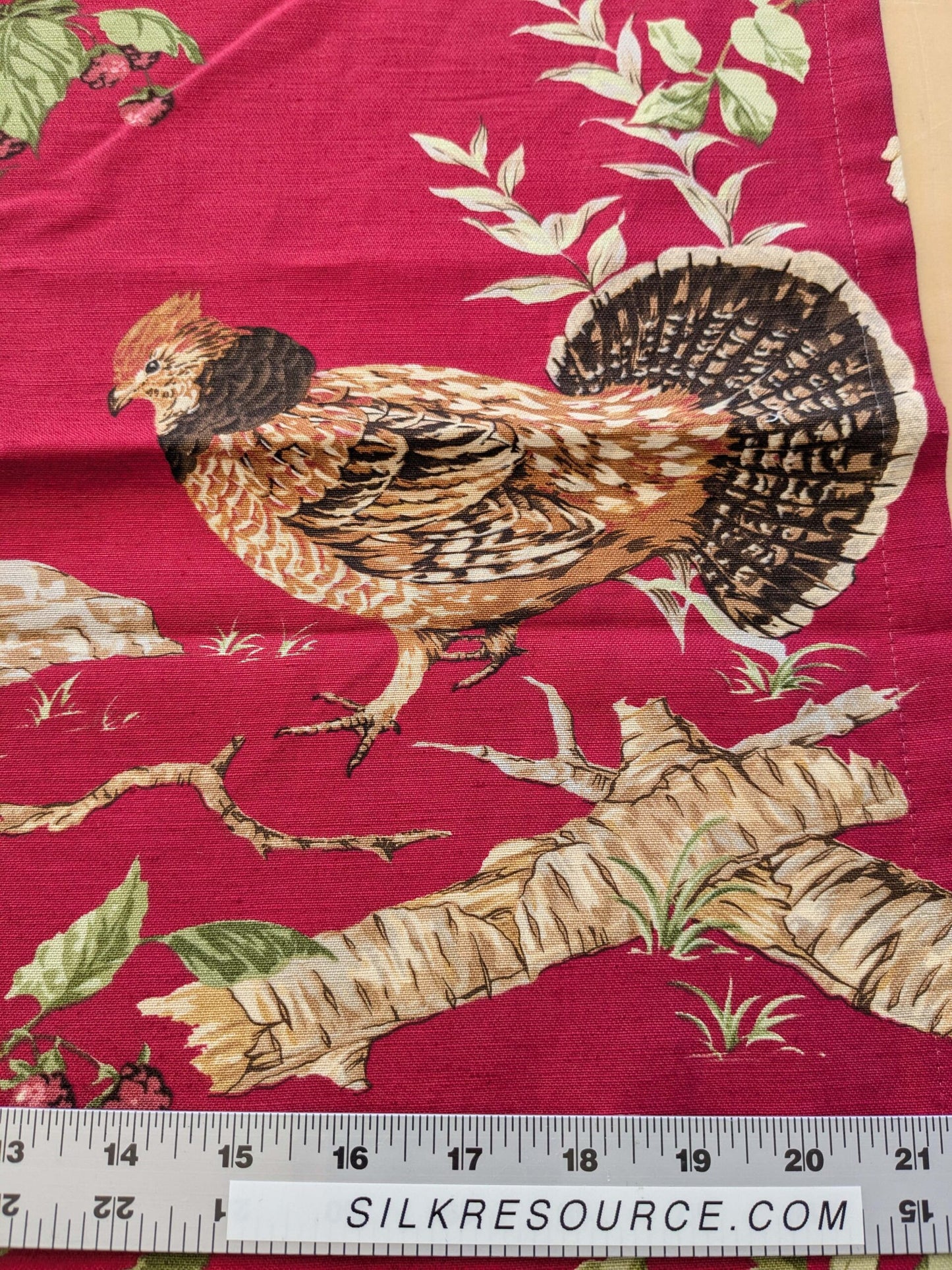 14 EV38 Scalamandre Upland Hand Printed Union Cloth Straw Red Floral Bird Turkey Country Toile 1y x 53" wide