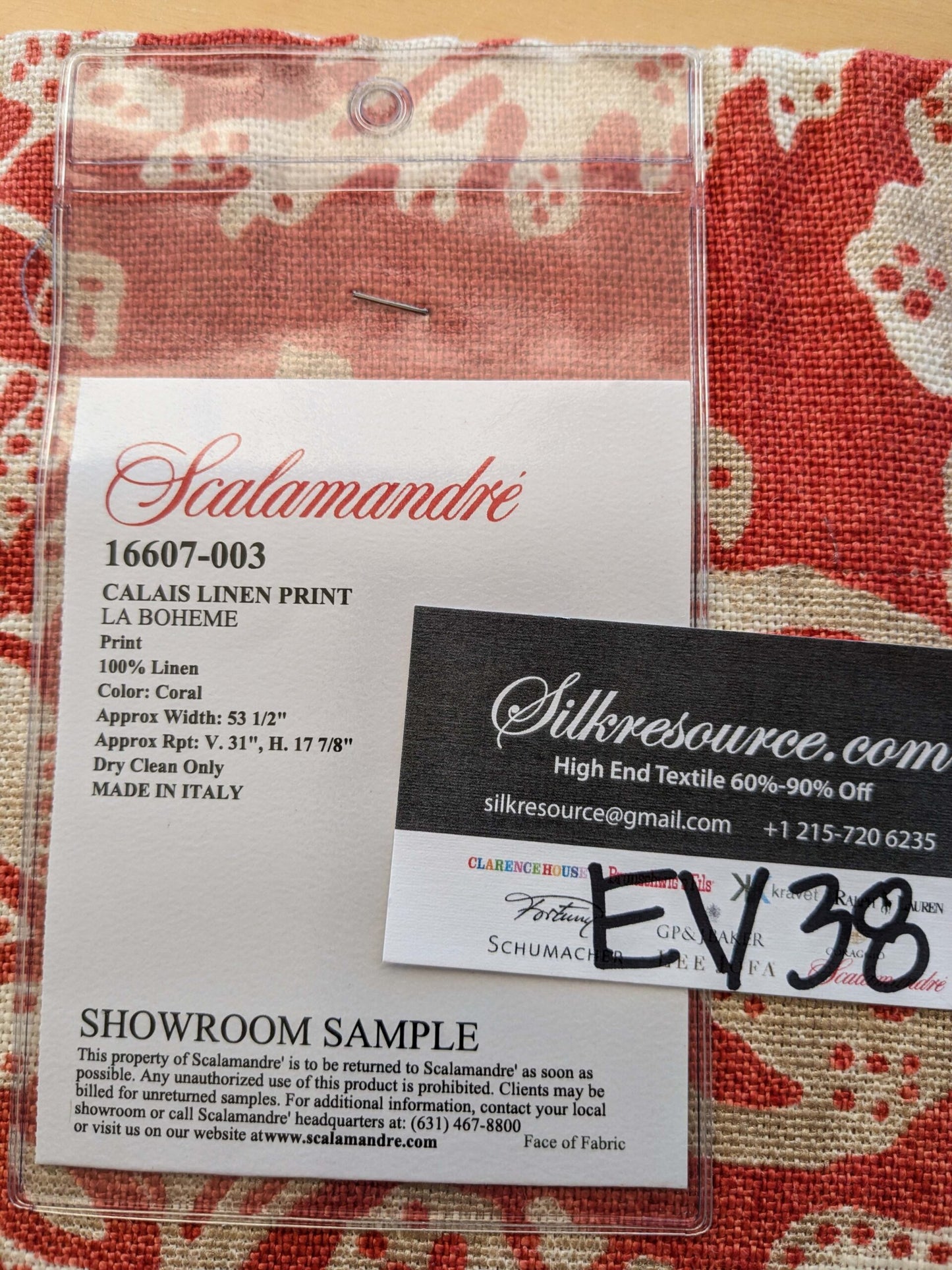21 EV38 Scalamandre Calais Linen Print in Coral Pink Red Mediterrinan Pomegranite Block Print Heavy Linen MSRP USD300+/y 1.2y