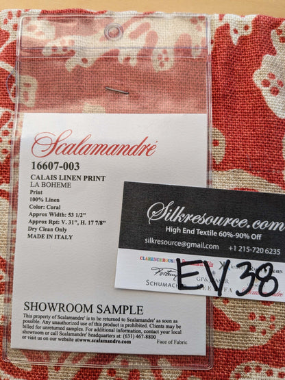 21 EV38 Scalamandre Calais Linen Print in Coral Pink Red Mediterrinan Pomegranite Block Print Heavy Linen MSRP USD300+/y 1.2y