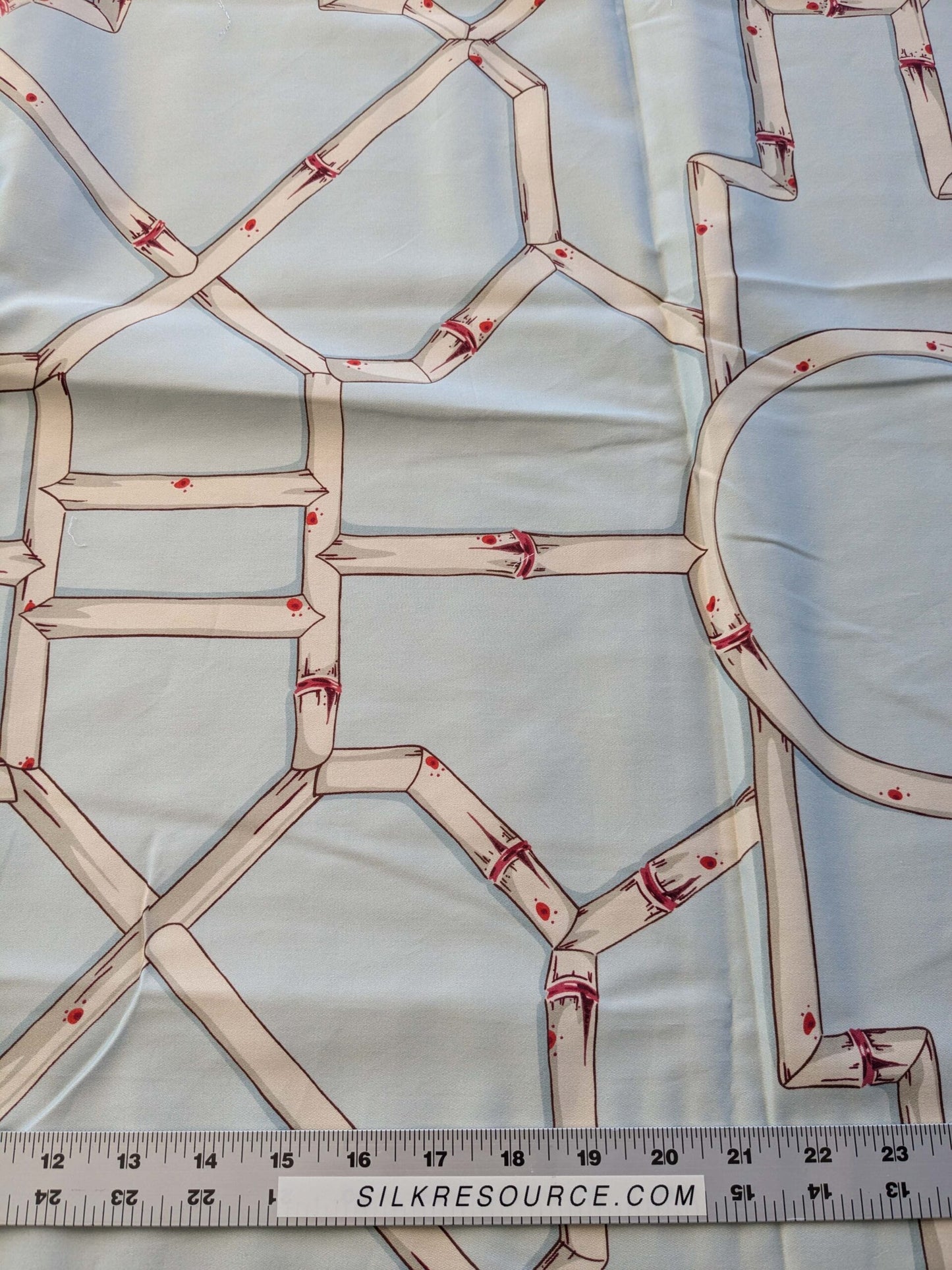 22 EV38 Scalamandre Baldwin Bamboo Print  Cream and Red on Aqua Chinoiserie fabric 1.2y