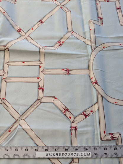 22 EV38 Scalamandre Baldwin Bamboo Print  Cream and Red on Aqua Chinoiserie fabric 1.2y