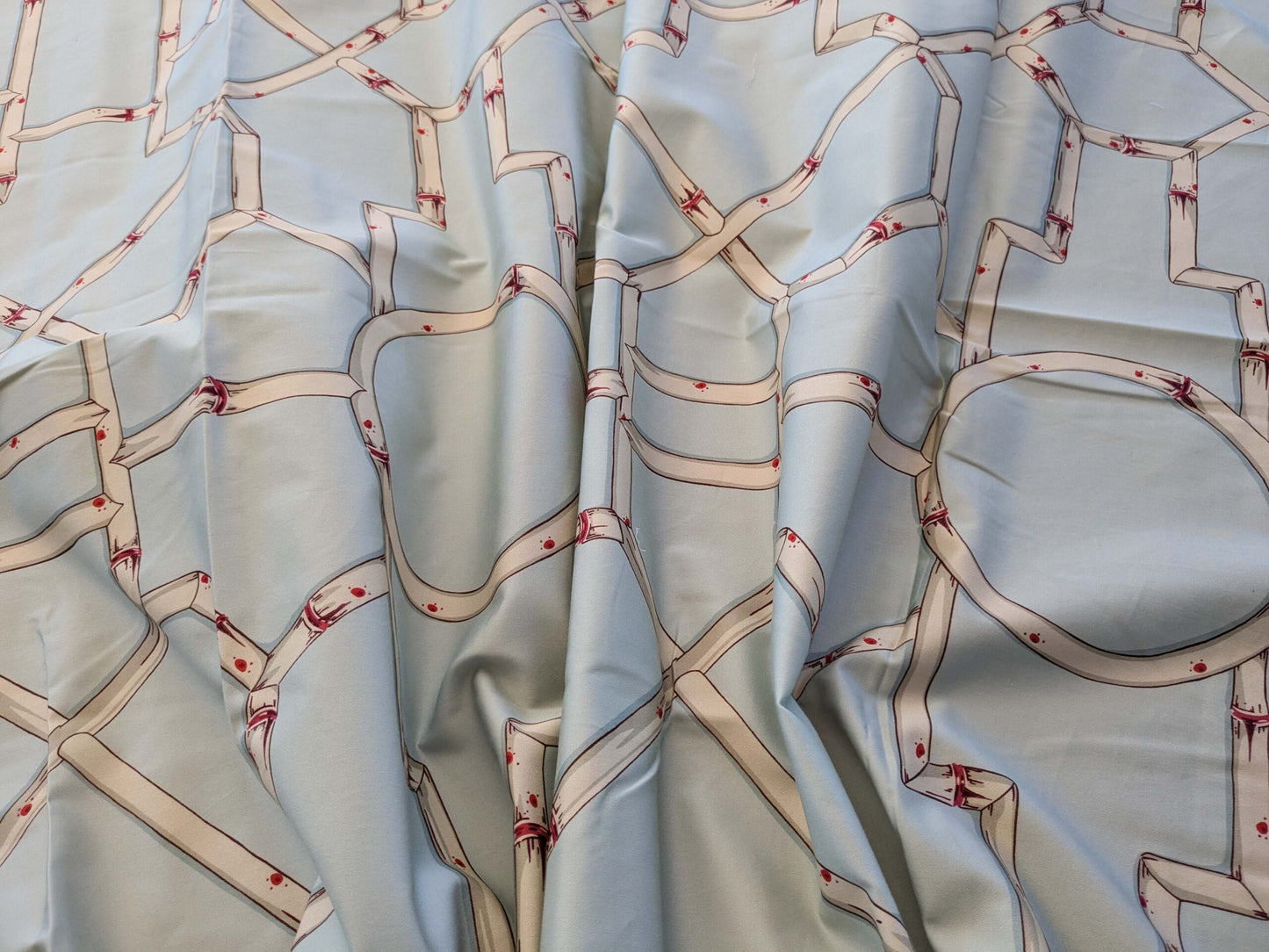 22 EV38 Scalamandre Baldwin Bamboo Print  Cream and Red on Aqua Chinoiserie fabric 1.2y