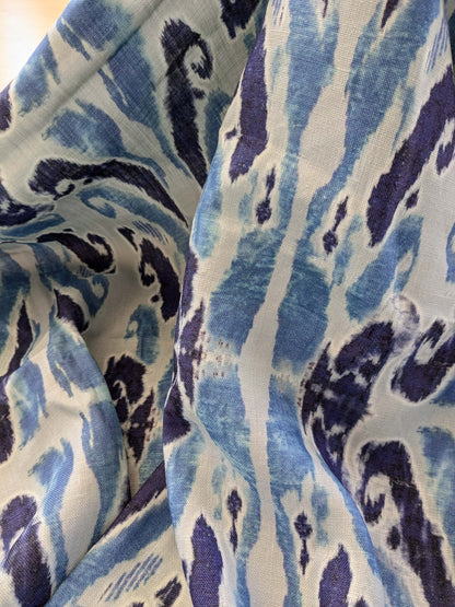 26 EV38 Scalamandre Moorea Island Indigo Blue Tan Linen Print 1.5yards x 53"