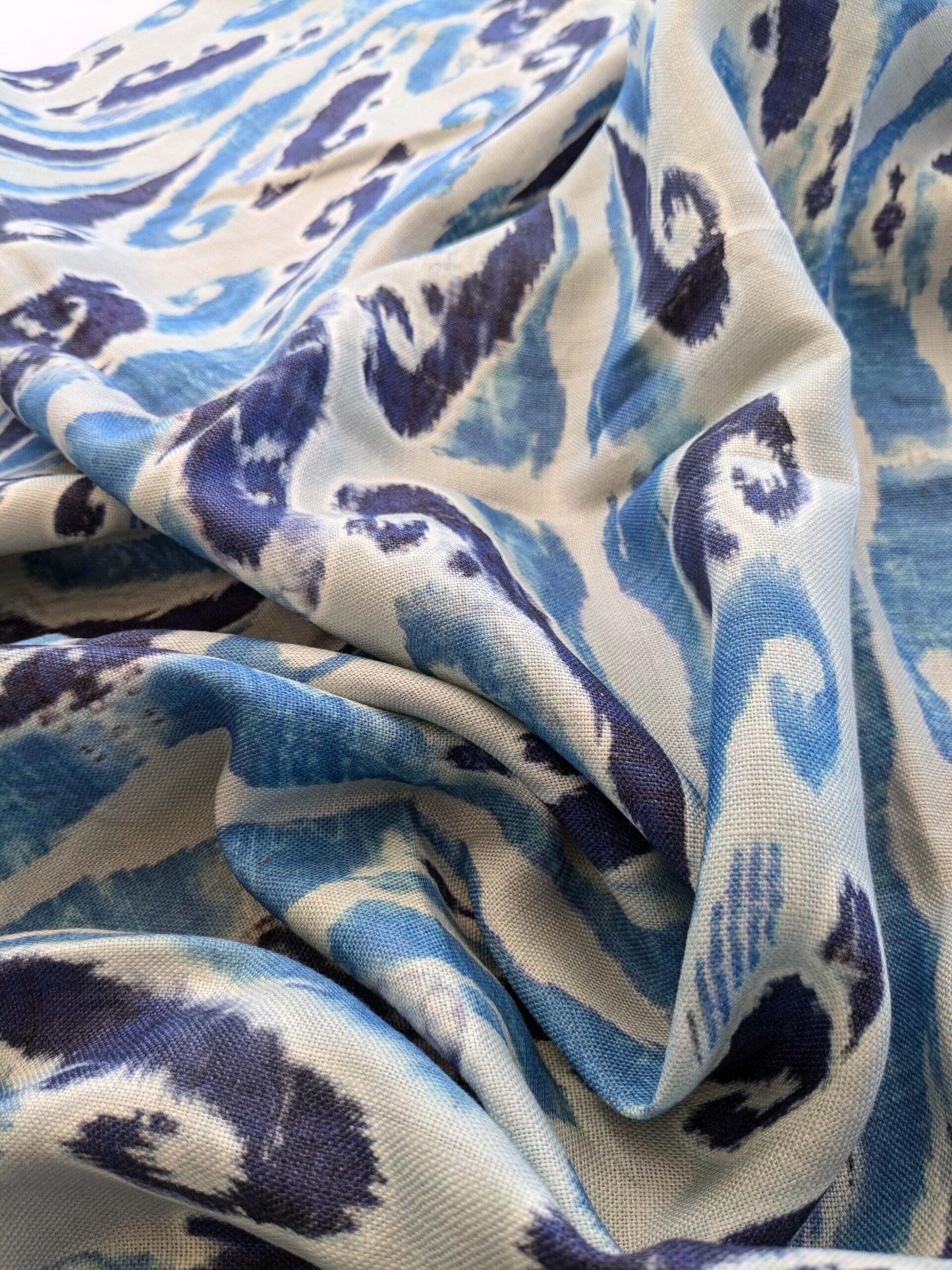 26 EV38 Scalamandre Moorea Island Indigo Blue Tan Linen Print 1.5yards x 53"