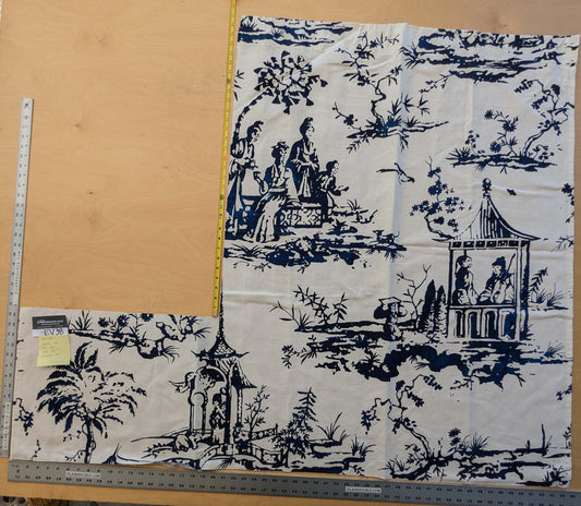 27 EV38 Scalamandre Summer Palace Porcelain Blue White Chinoiserie Scenic Toile MSRP USD 262/y 1.2y with cut out