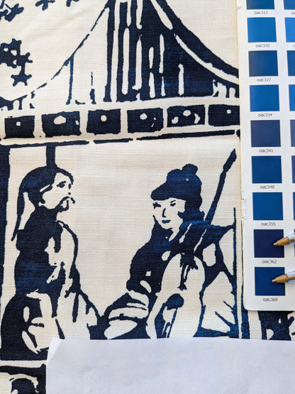 27 EV38 Scalamandre Summer Palace Porcelain Blue White Chinoiserie Scenic Toile MSRP USD 262/y 1.2y with cut out