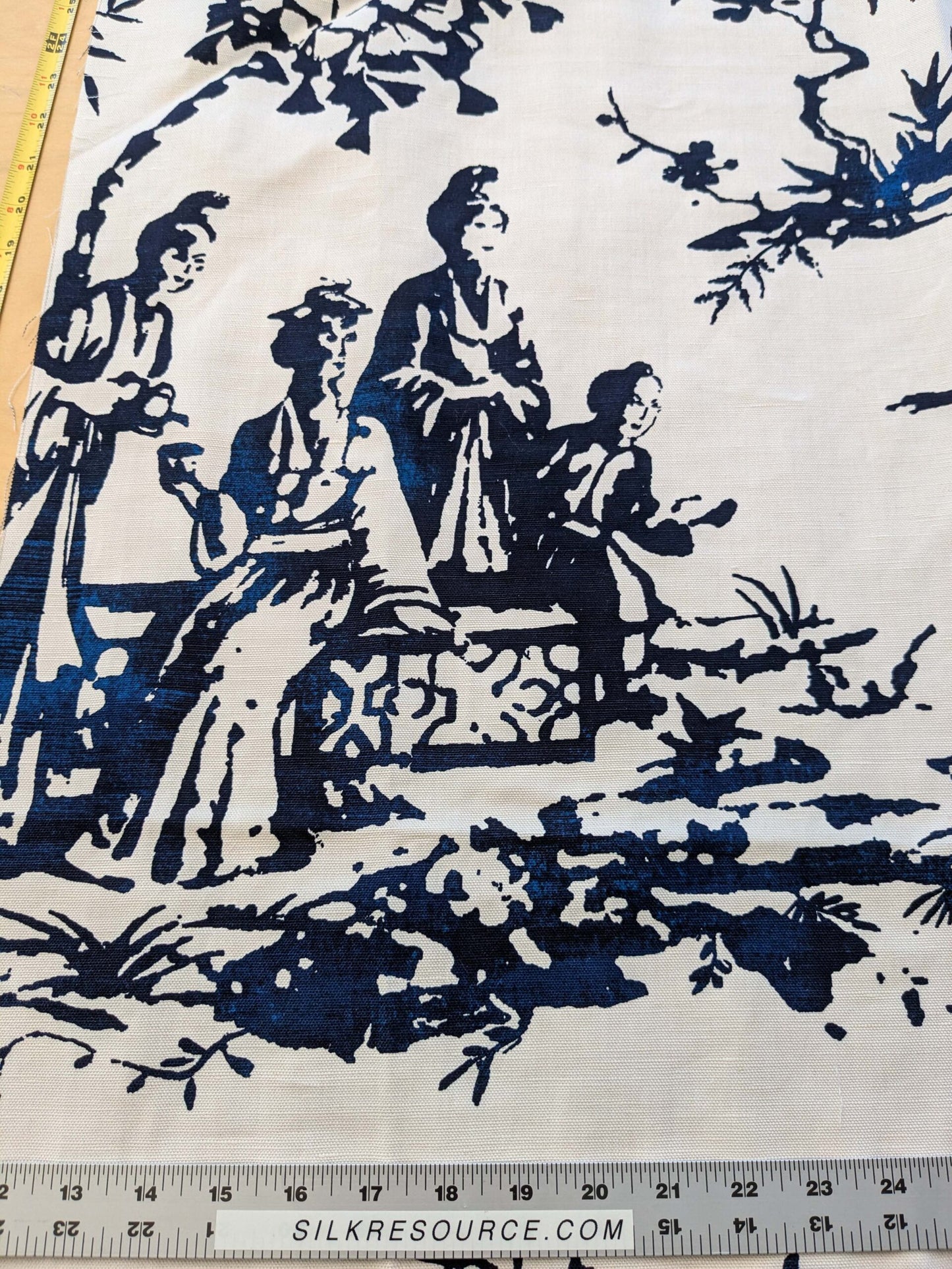 27 EV38 Scalamandre Summer Palace Porcelain Blue White Chinoiserie Scenic Toile MSRP USD 262/y 1.2y with cut out