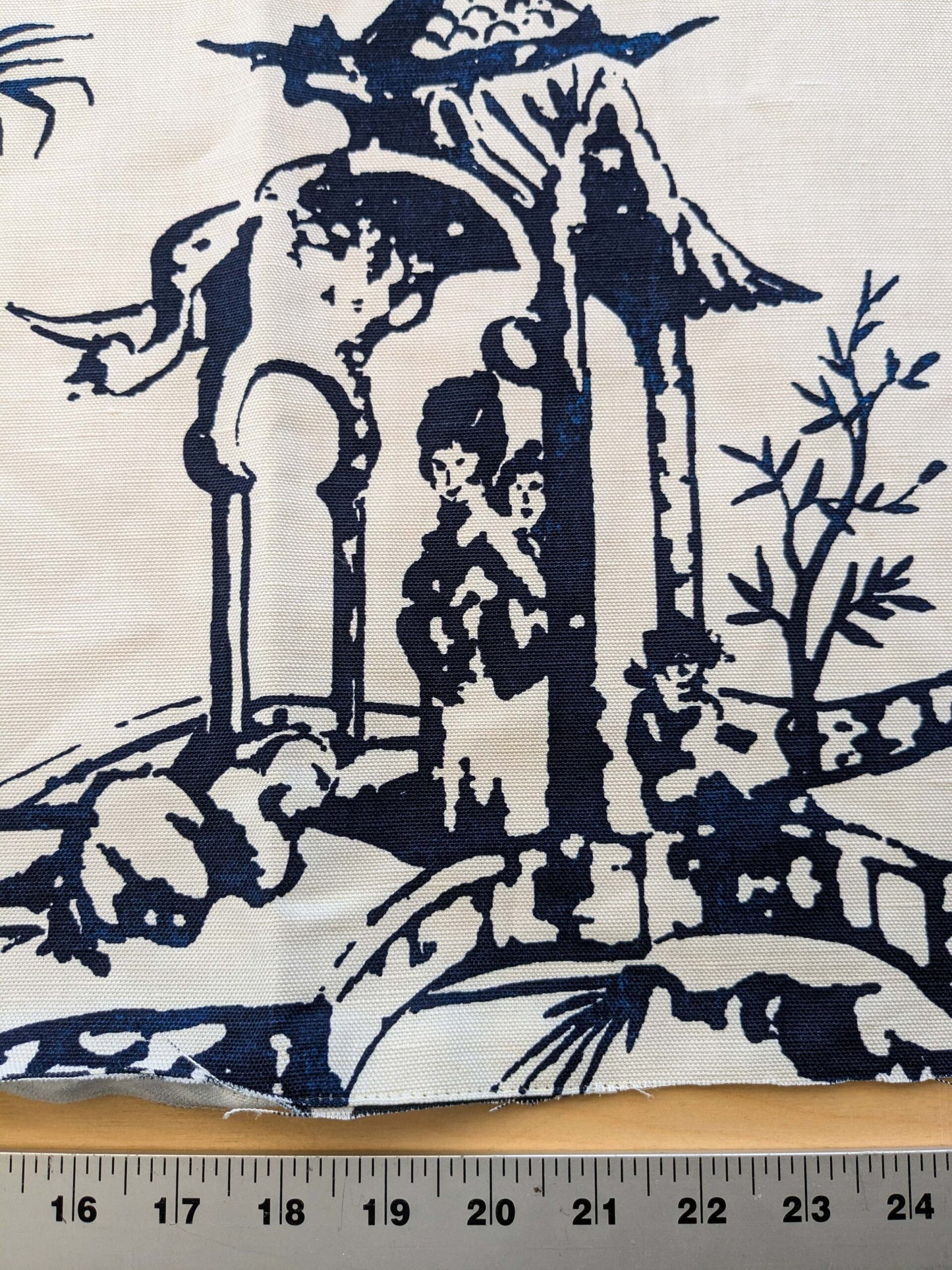 27 EV38 Scalamandre Summer Palace Porcelain Blue White Chinoiserie Scenic Toile MSRP USD 262/y 1.2y with cut out