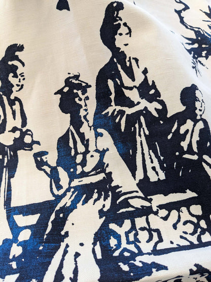 27 EV38 Scalamandre Summer Palace Porcelain Blue White Chinoiserie Scenic Toile MSRP USD 262/y 1.2y with cut out