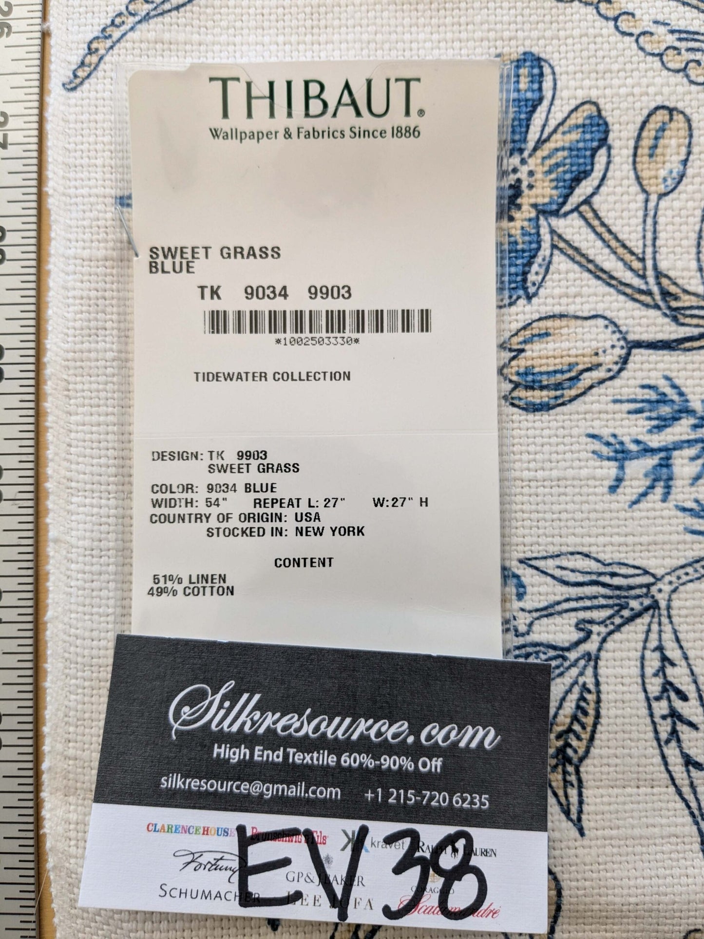 28 EV38 Thibaut Sweet Grass Blue Botanical foliage Tropical Blue White Cotton Linen 1.4y