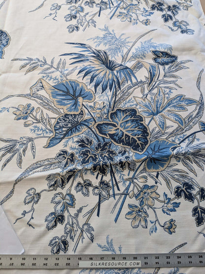 28 EV38 Thibaut Sweet Grass Blue Botanical foliage Tropical Blue White Cotton Linen 1.4y