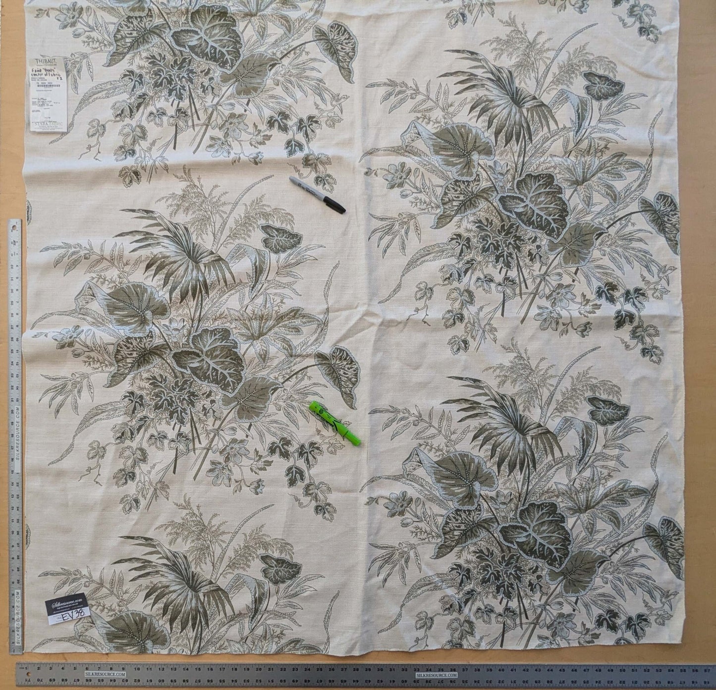 29 EV38 Thibaut Sweet Grass Sage on Cream Botanical foliage Tropical Gray Beige Cotton Linen 1.4y  Stain!