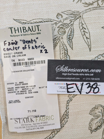 29 EV38 Thibaut Sweet Grass Sage on Cream Botanical foliage Tropical Gray Beige Cotton Linen 1.4y  Stain!