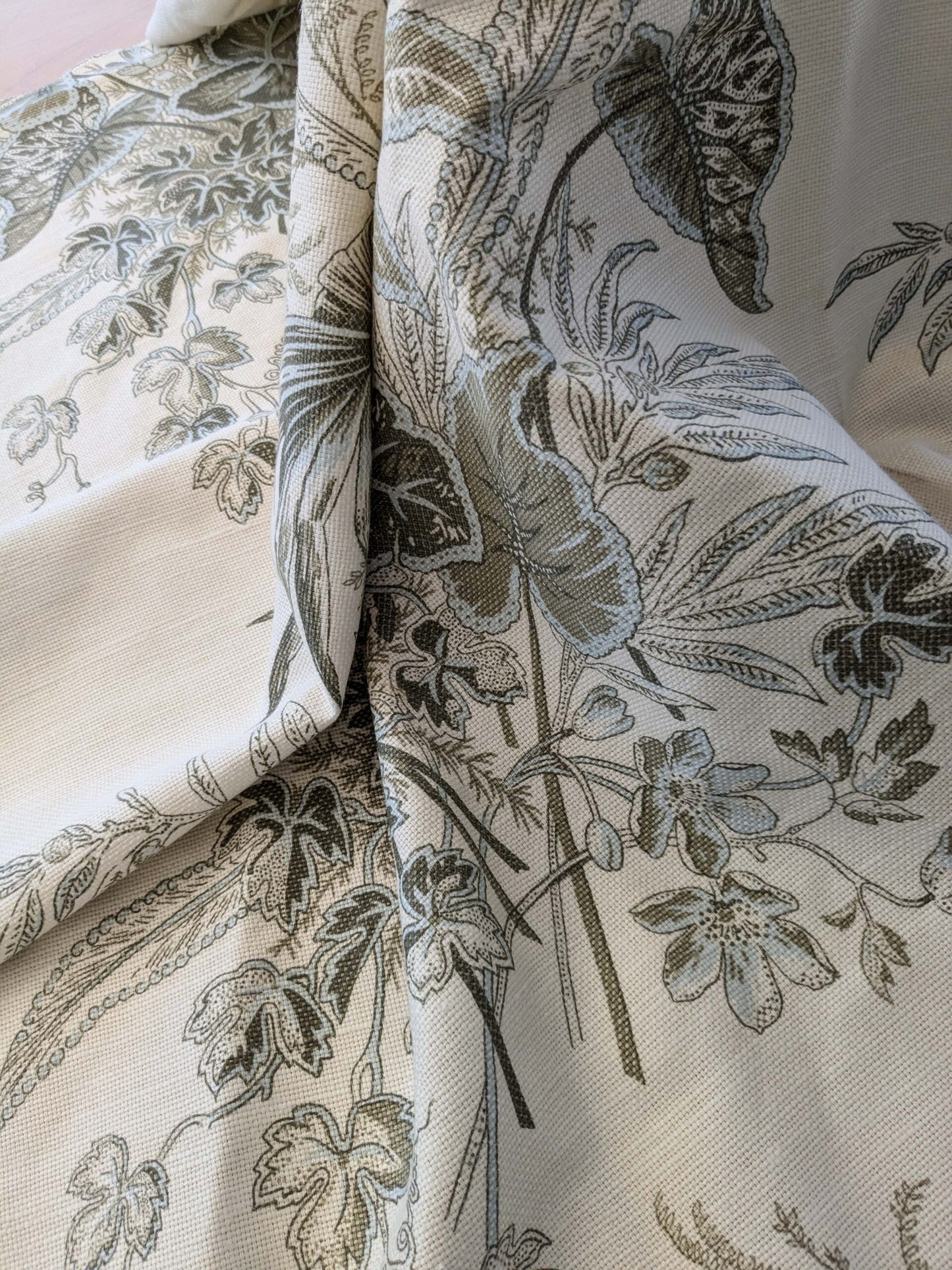 29 EV38 Thibaut Sweet Grass Sage on Cream Botanical foliage Tropical Gray Beige Cotton Linen 1.4y  Stain!