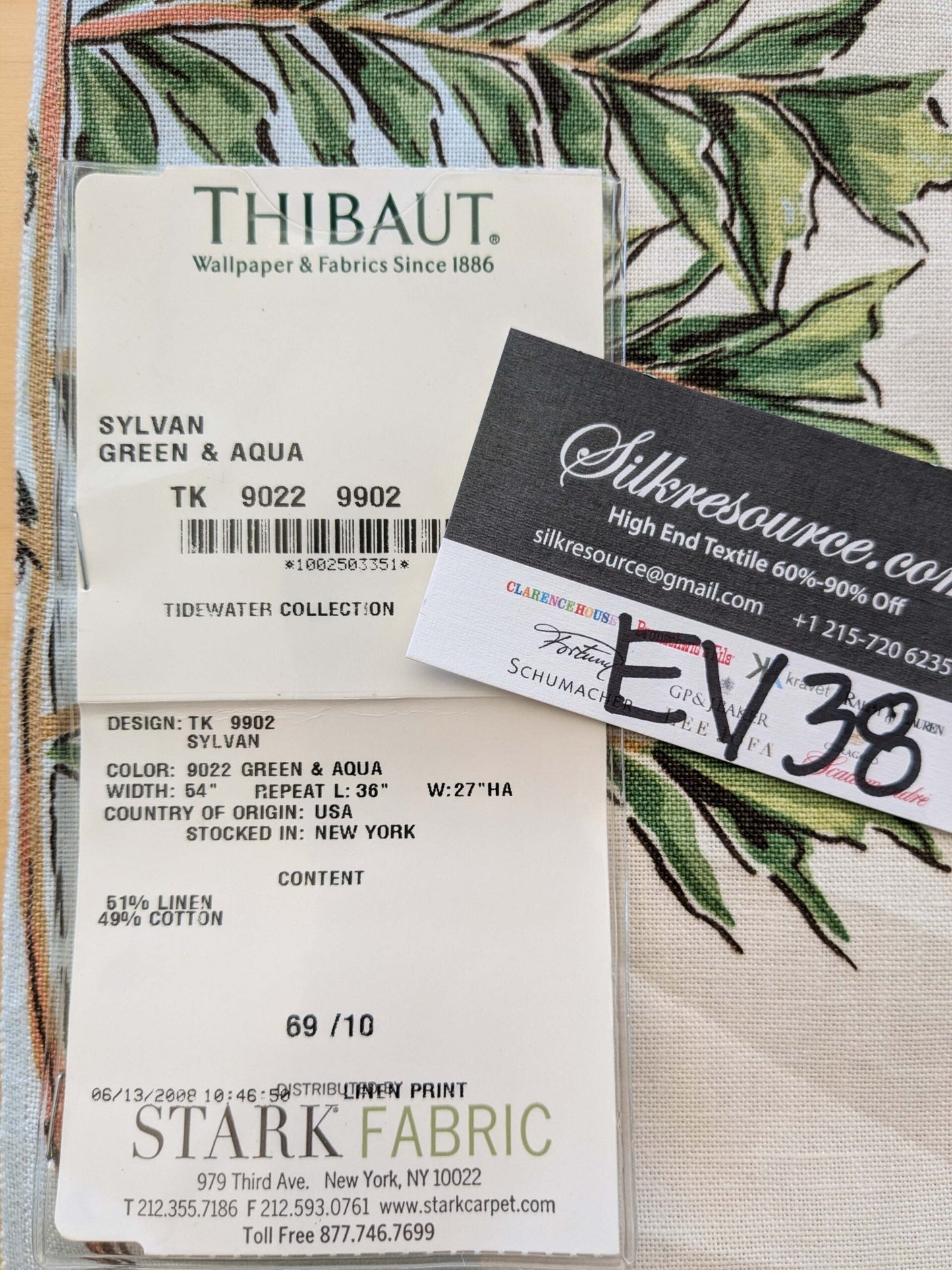 30 EV38 Thibaut Sylvan Green and Aqua Green Blue White Stripe Tropical Linen Cotton 1.3y