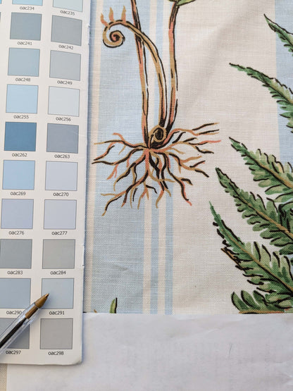 30 EV38 Thibaut Sylvan Green and Aqua Green Blue White Stripe Tropical Linen Cotton 1.3y