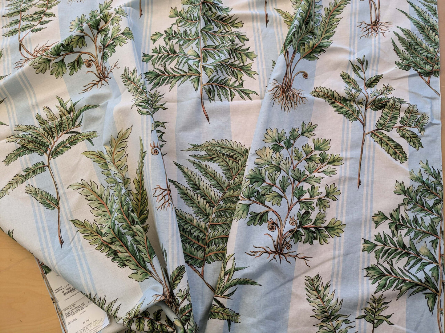 30 EV38 Thibaut Sylvan Green and Aqua Green Blue White Stripe Tropical Linen Cotton 1.3y