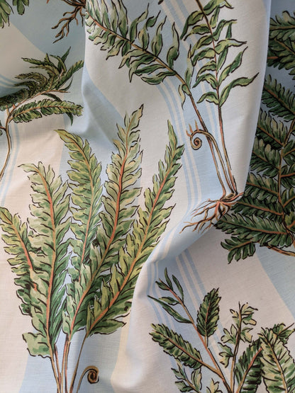 30 EV38 Thibaut Sylvan Green and Aqua Green Blue White Stripe Tropical Linen Cotton 1.3y