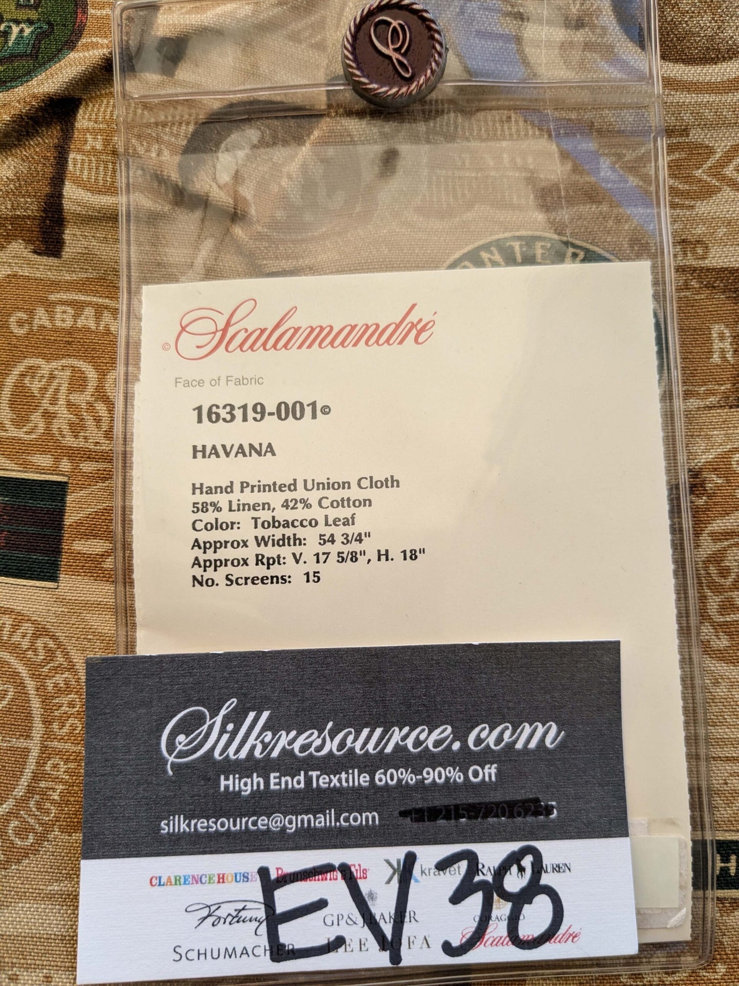 35 EV38 Scalamandre Havana Tobacco Leaf Linen Cotton Brown Hand Printed Union Cloth Graphic MSRP USD 410/y 2.4y