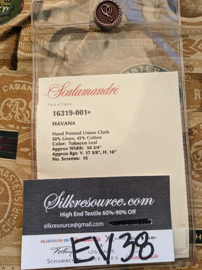 35 EV38 Scalamandre Havana Tobacco Leaf Linen Cotton Brown Hand Printed Union Cloth Graphic MSRP USD 410/y 2.4y