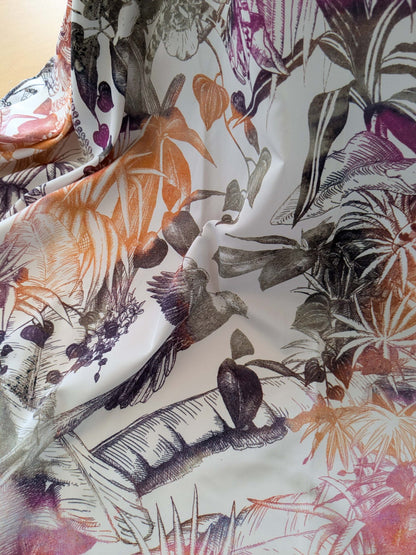 38 EV38 1.2y Fischbacher Benu Splash Citrus Berry Orange Pink Blue White Jungle Bird Floral Print Polyester MSRP USD 300+/y