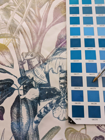 39 EV38 1.2y Christian Fischbacher Benu Splash Midnight Plum Jungle Bird Berry Purple Blue White Bird Floral Print Polyester MSRP USD 300+/y