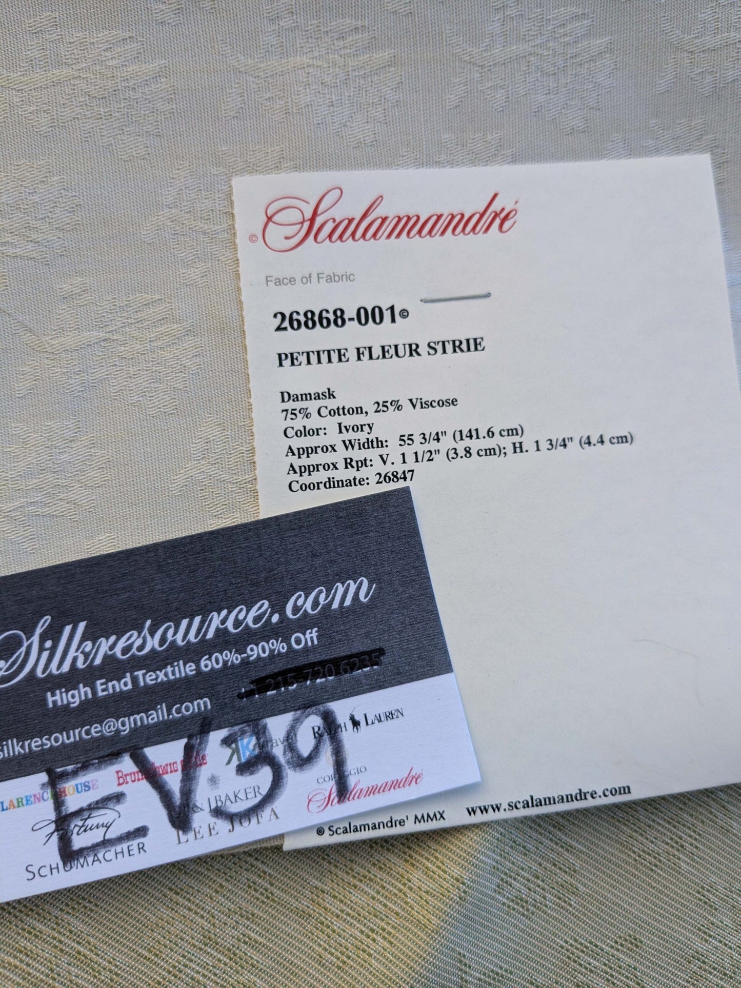 20 EV39 2.4y Scalamandre Petite Fleur Strie Ivory Damask  Floral Cotton Viscose Solid