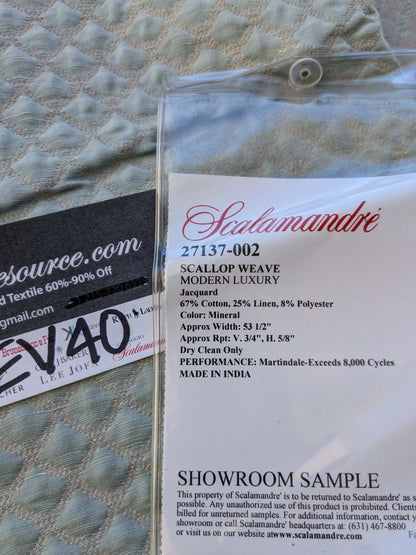 9 EV40 2.4y x 53"W Scalamandre Scallop Weave Mineral Light Blue Jacquard Diamond Ogee Small Scale MSRP USD 228/y
