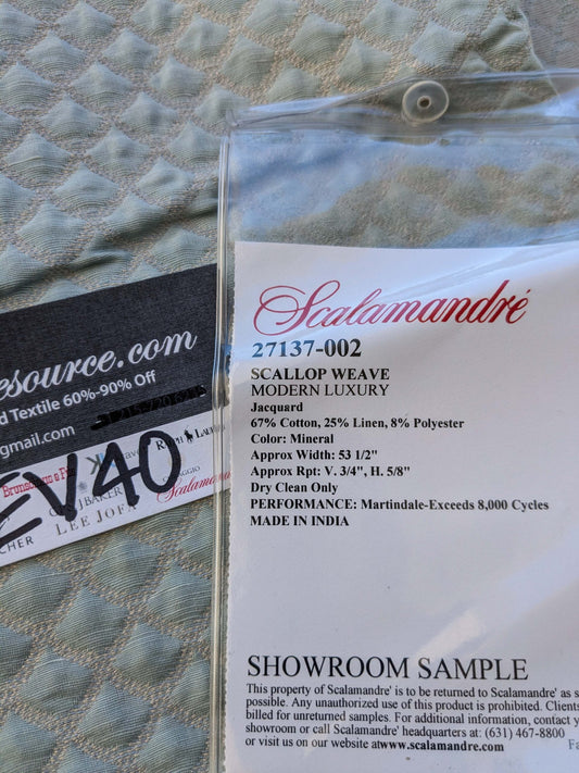 9 EV40 2.4y x 53"W Scalamandre Scallop Weave Mineral Light Blue Jacquard Diamond Ogee Small Scale MSRP USD 228/y