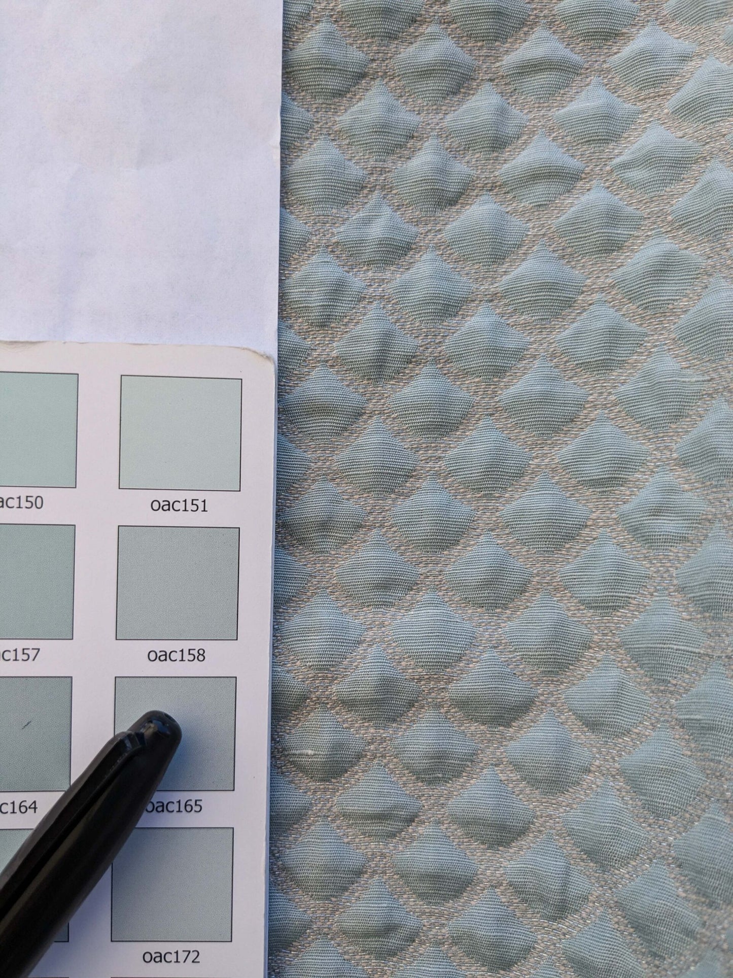 9 EV40 2.4y x 53"W Scalamandre Scallop Weave Mineral Light Blue Jacquard Diamond Ogee Small Scale MSRP USD 228/y