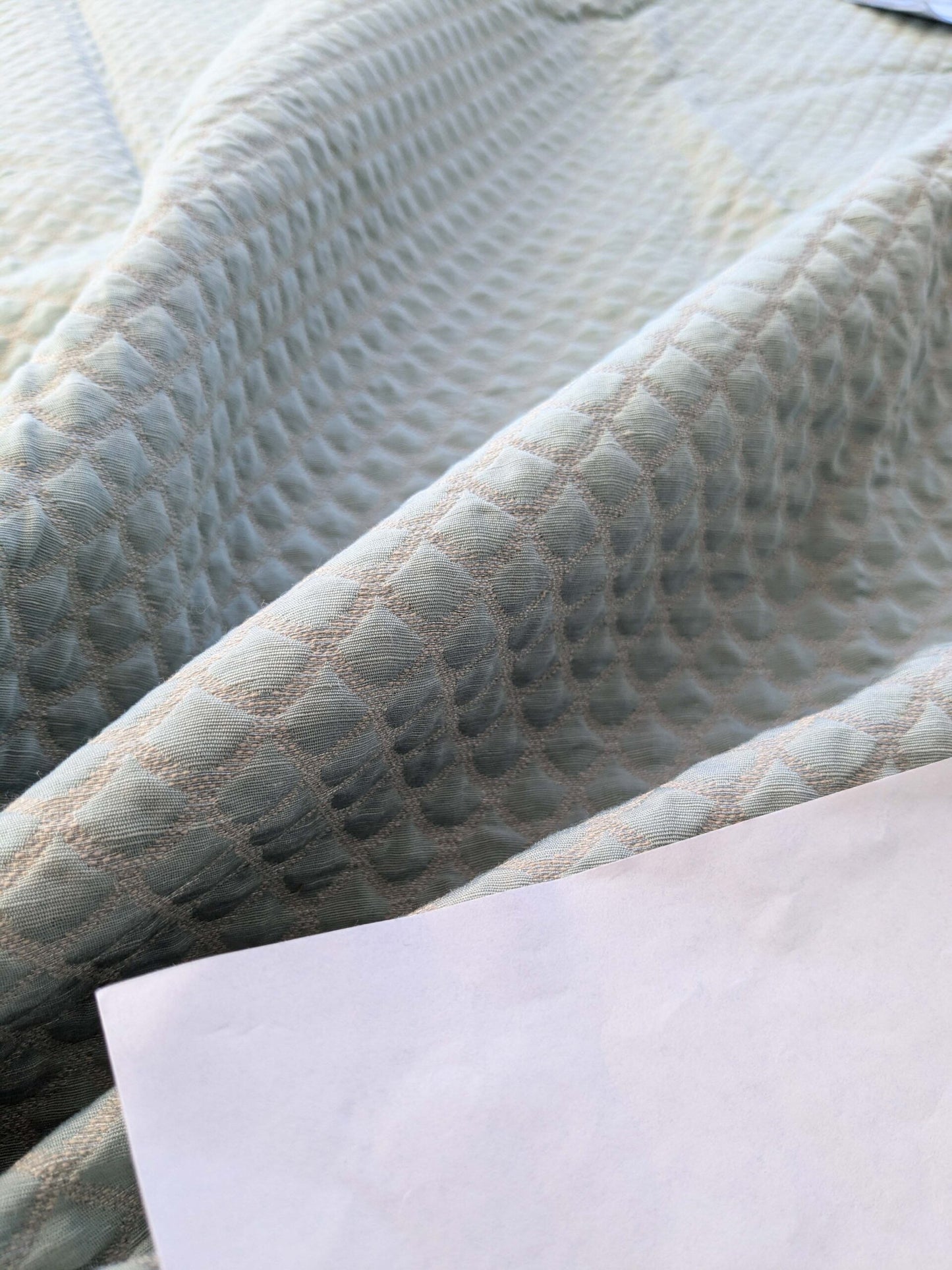 9 EV40 2.4y x 53"W Scalamandre Scallop Weave Mineral Light Blue Jacquard Diamond Ogee Small Scale MSRP USD 228/y