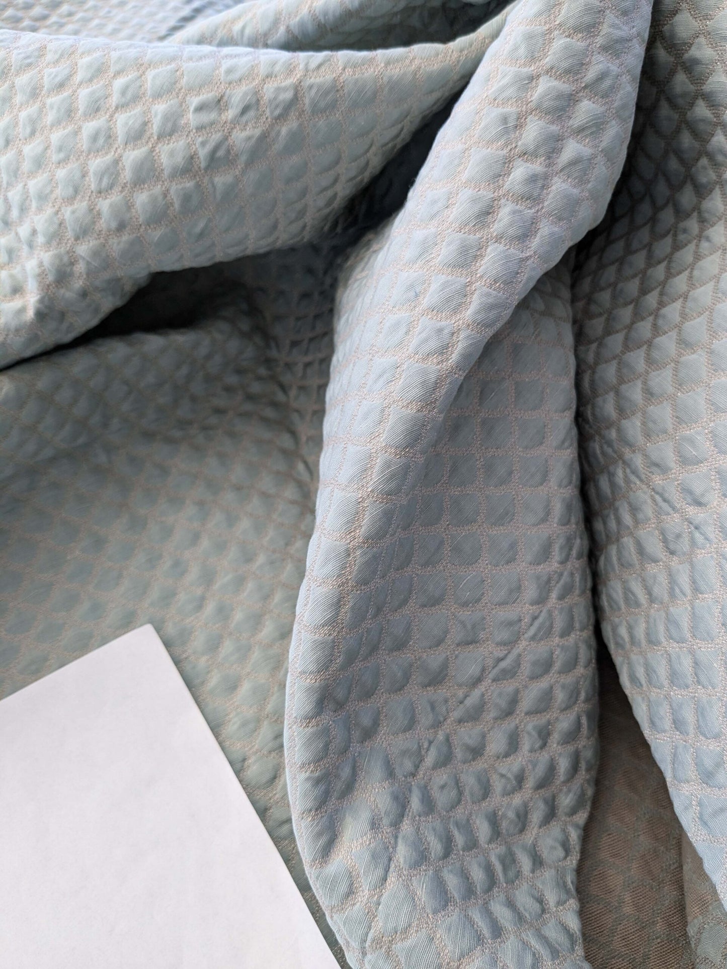 9 EV40 2.4y x 53"W Scalamandre Scallop Weave Mineral Light Blue Jacquard Diamond Ogee Small Scale MSRP USD 228/y