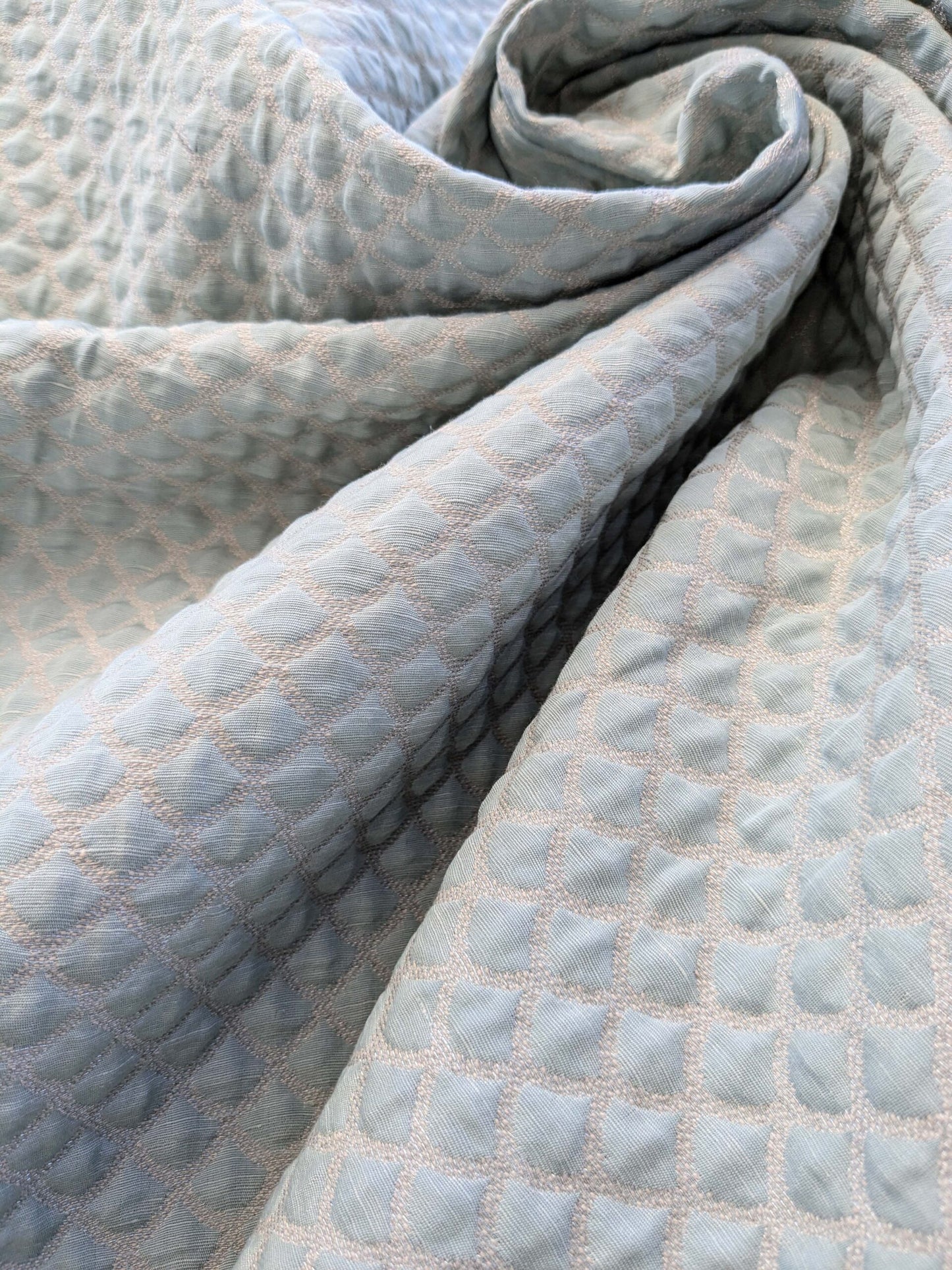 9 EV40 2.4y x 53"W Scalamandre Scallop Weave Mineral Light Blue Jacquard Diamond Ogee Small Scale MSRP USD 228/y