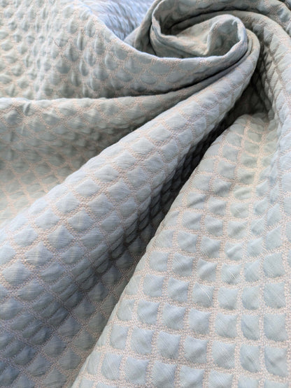 9 EV40 2.4y x 53"W Scalamandre Scallop Weave Mineral Light Blue Jacquard Diamond Ogee Small Scale MSRP USD 228/y