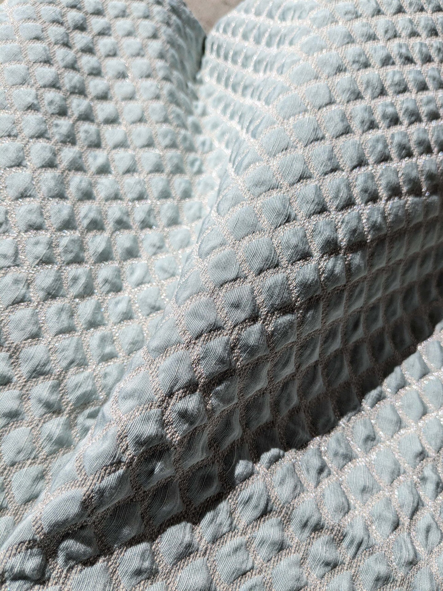 9 EV40 2.4y x 53"W Scalamandre Scallop Weave Mineral Light Blue Jacquard Diamond Ogee Small Scale MSRP USD 228/y