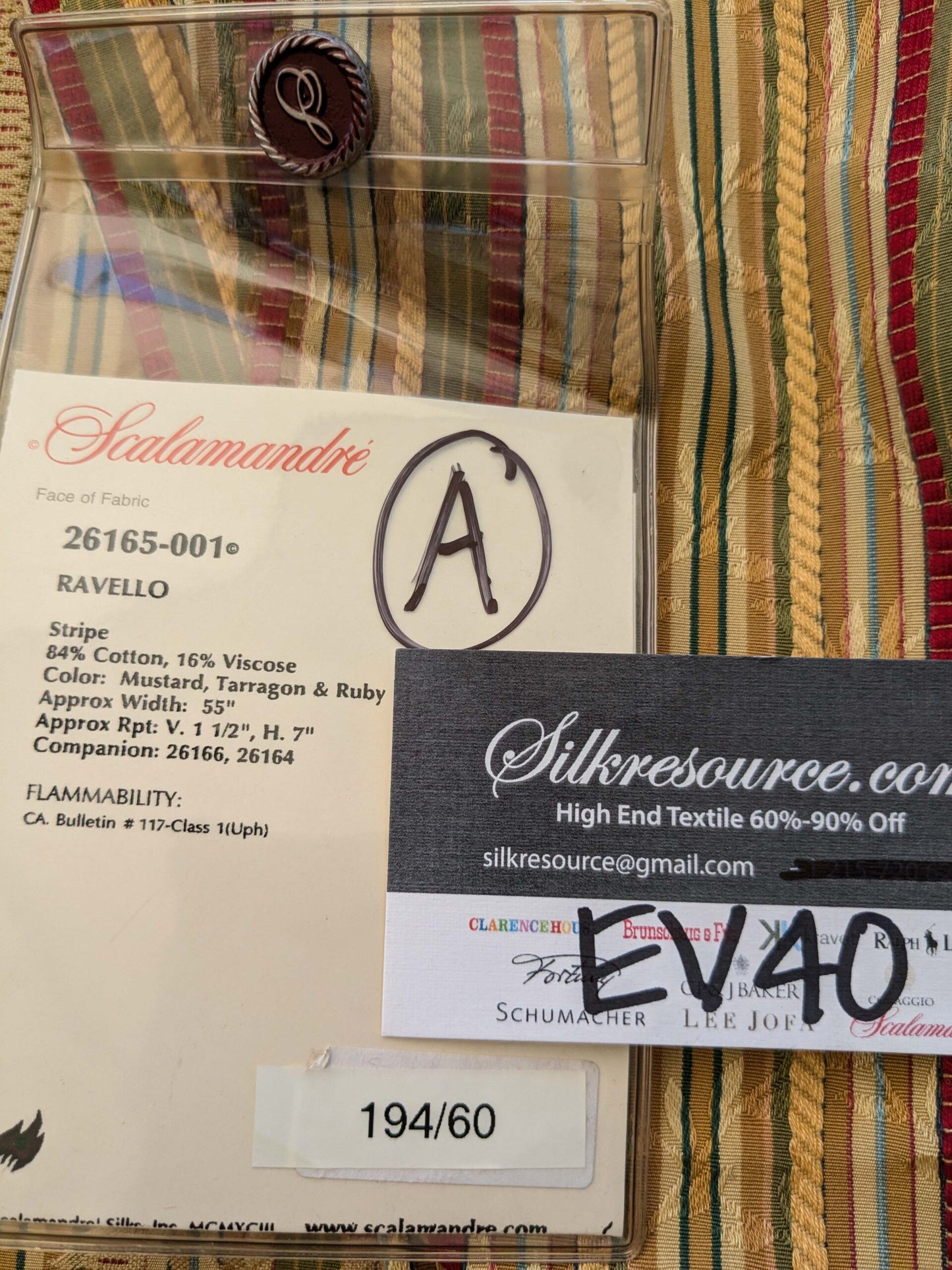 15 EV40 2.4yards x 53" Scalamandre Ravello Mustard Tarragon and Ruby Stripe Multi Cotton Viscose
