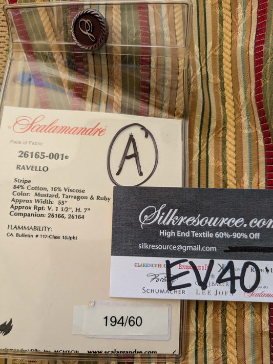 15 EV40 2.4yards x 53" Scalamandre Ravello Mustard Tarragon and Ruby Stripe Multi Cotton Viscose