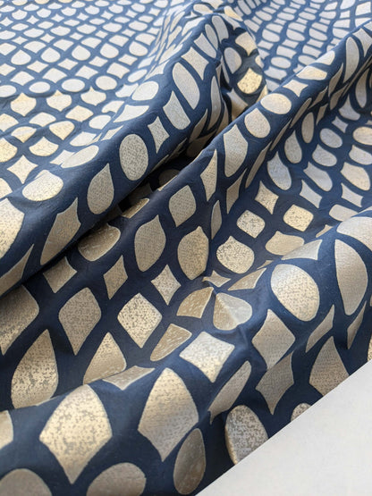 9 EV41 2.4yard x 53" Scalamandre Christian Fischbacher Indorato Royal Blue Beige Silk Print Ogee Fretwork Lattice MSRP USD700+/y