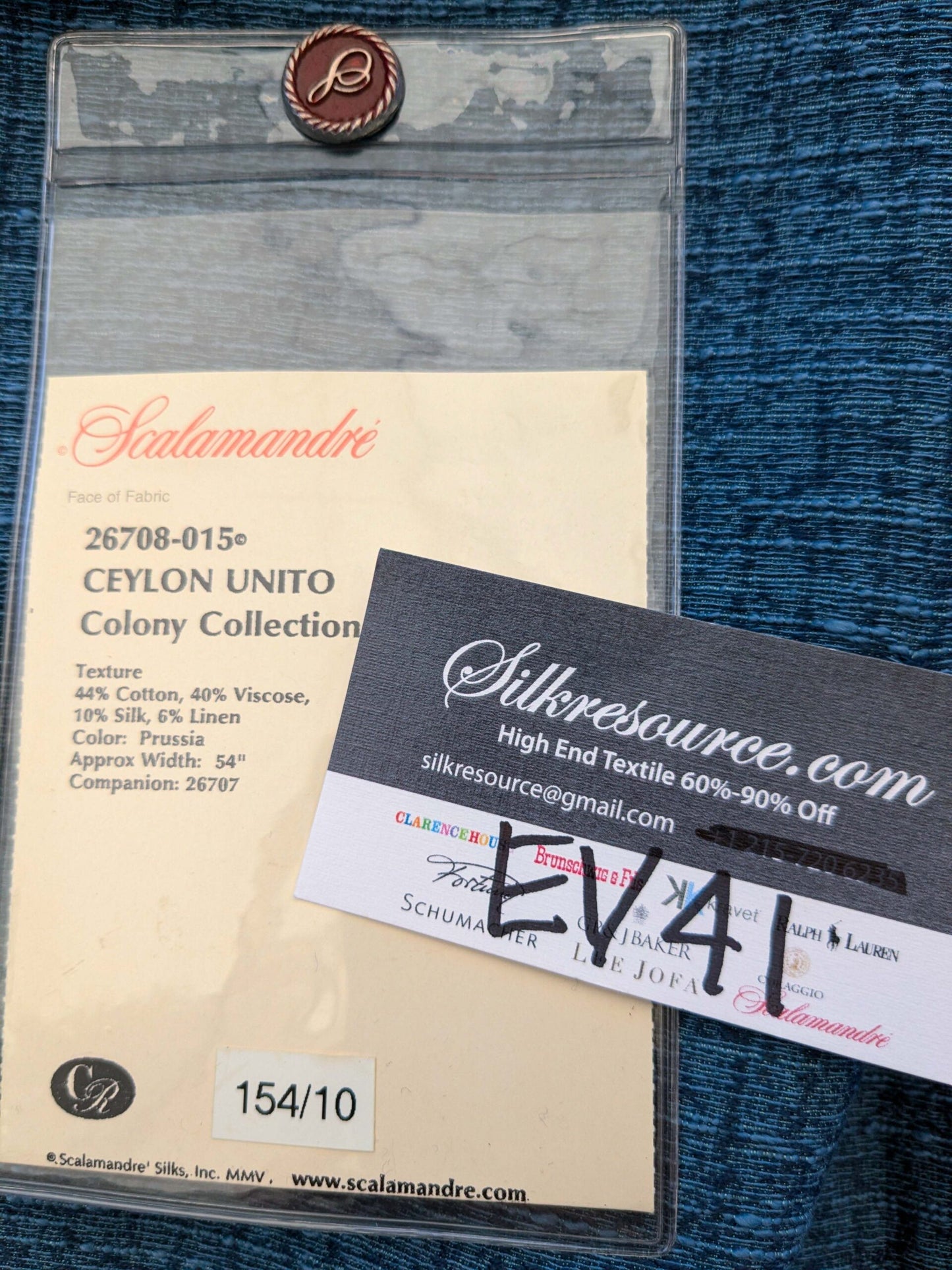 16 EV41 2.4y x 54"  Scalamandre Colony Collection Ceylon Unito Prussia Blue Texture Solid MSRP USD 360/y