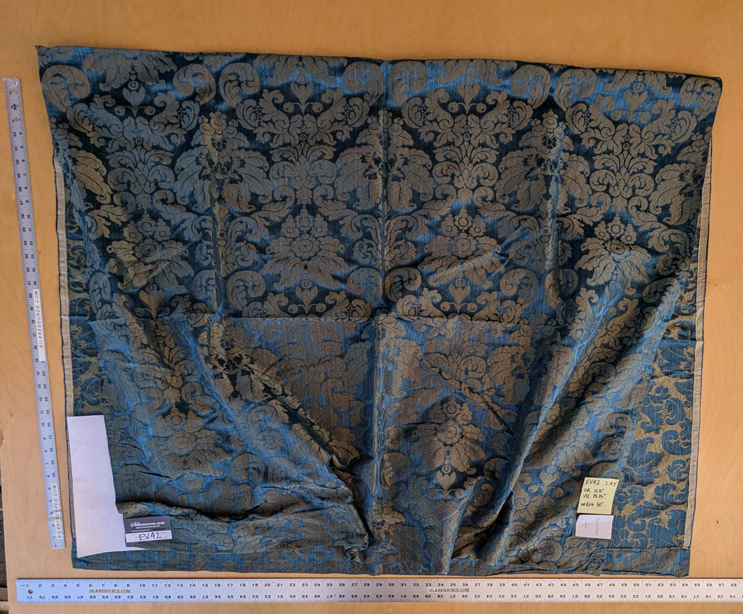 1 EV42 2.4Y x 50"w Scalamandre Lucia Gaufre Damask Blue Brown 100%silk Damask MSRP USD 384/Y