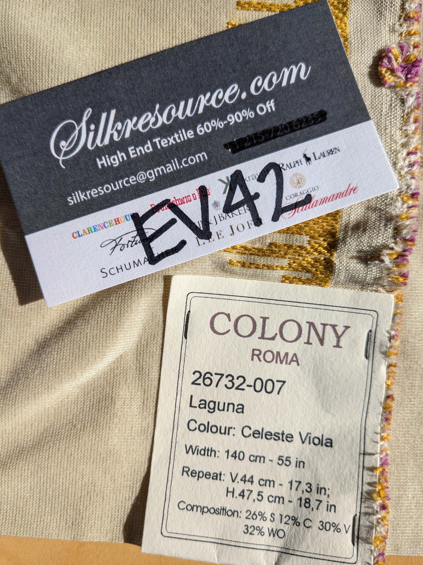 5 EV42 2.4y x 5"w Scalamandre Colony Roma Laguna Celeste Viola Blue Purple Beige Silk Wool