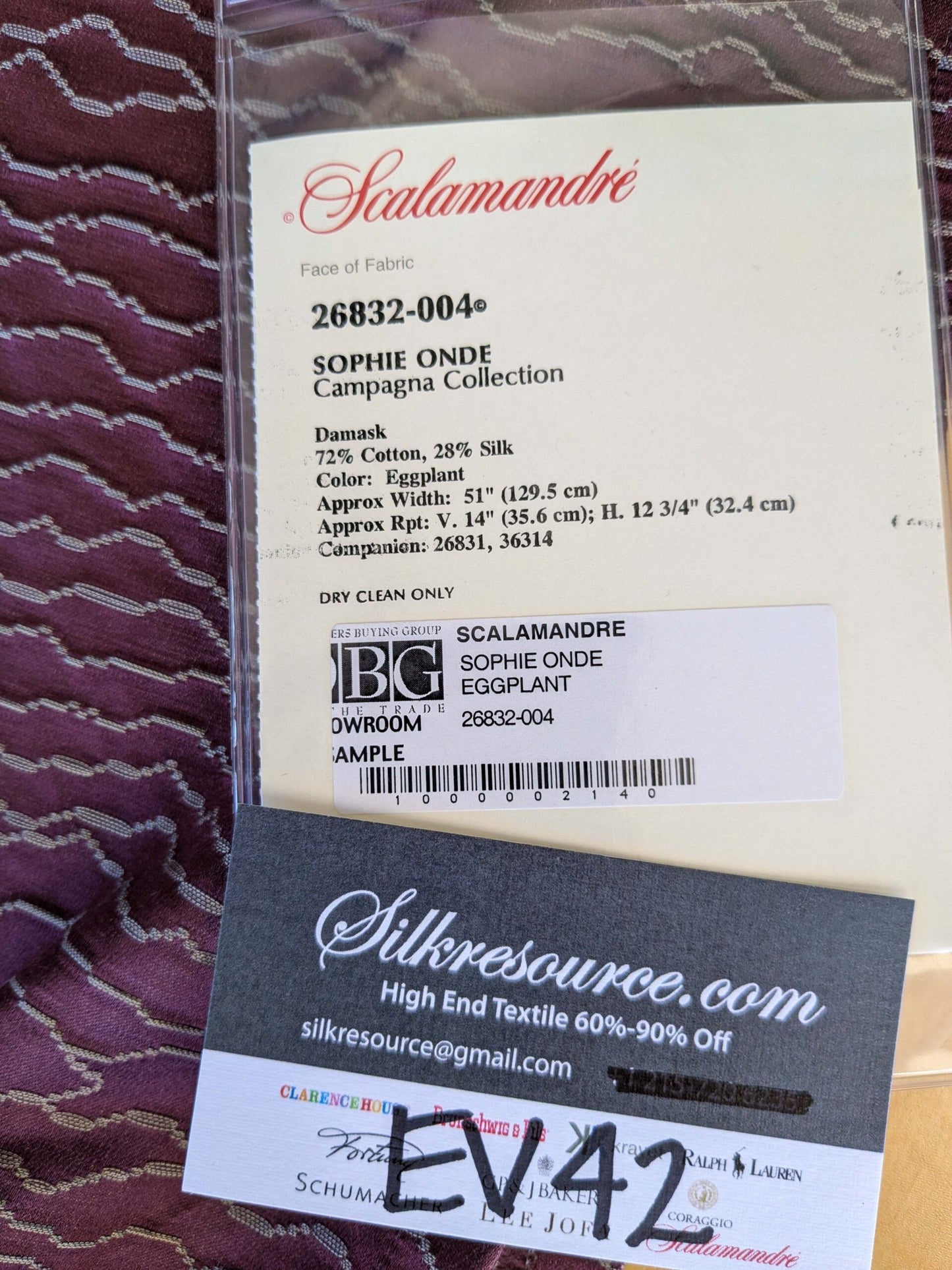 9 EV42 1.7y x 50"wScalamandre Sophie Onde Eggplant Purple Campagna Collection Art Deco Abstract