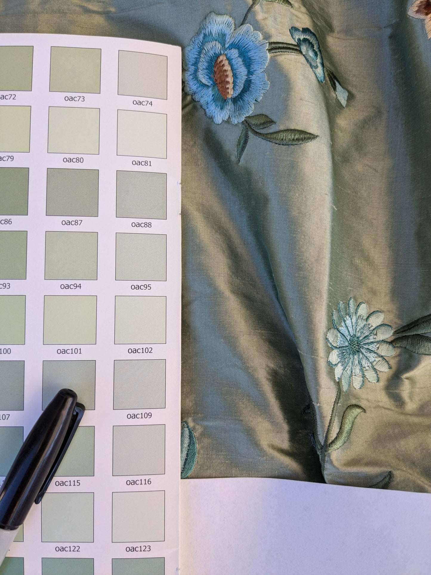 10 EV42 2.4y x 54"w Scalamandre Chahna in Day Lily Gray Silk Embroidery Blue Green Brown daisy Rose Vine &amp; Flower MSRP USD344/y