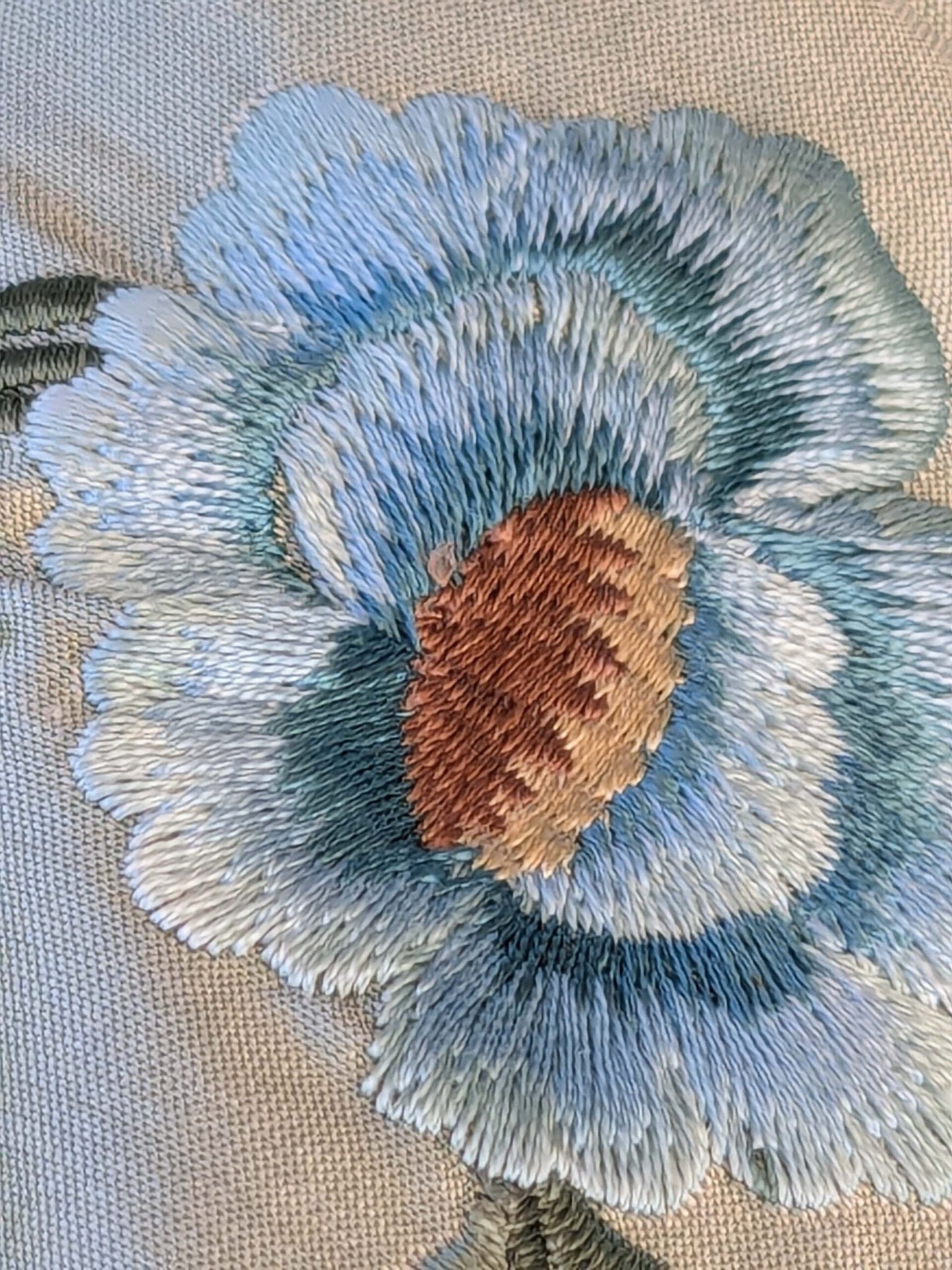 10 EV42 2.4y x 54"w Scalamandre Chahna in Day Lily Gray Silk Embroidery Blue Green Brown daisy Rose Vine &amp; Flower MSRP USD344/y