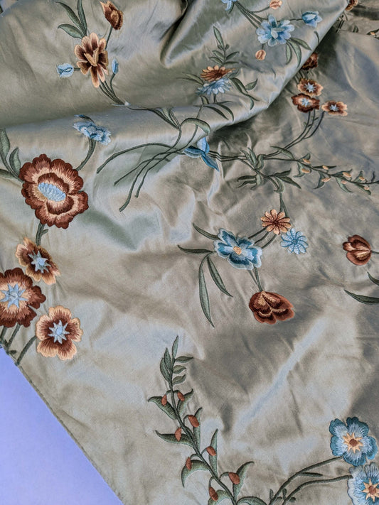 10 EV42 2.4y x 54"w Scalamandre Chahna in Day Lily Gray Silk Embroidery Blue Green Brown daisy Rose Vine &amp; Flower MSRP USD344/y