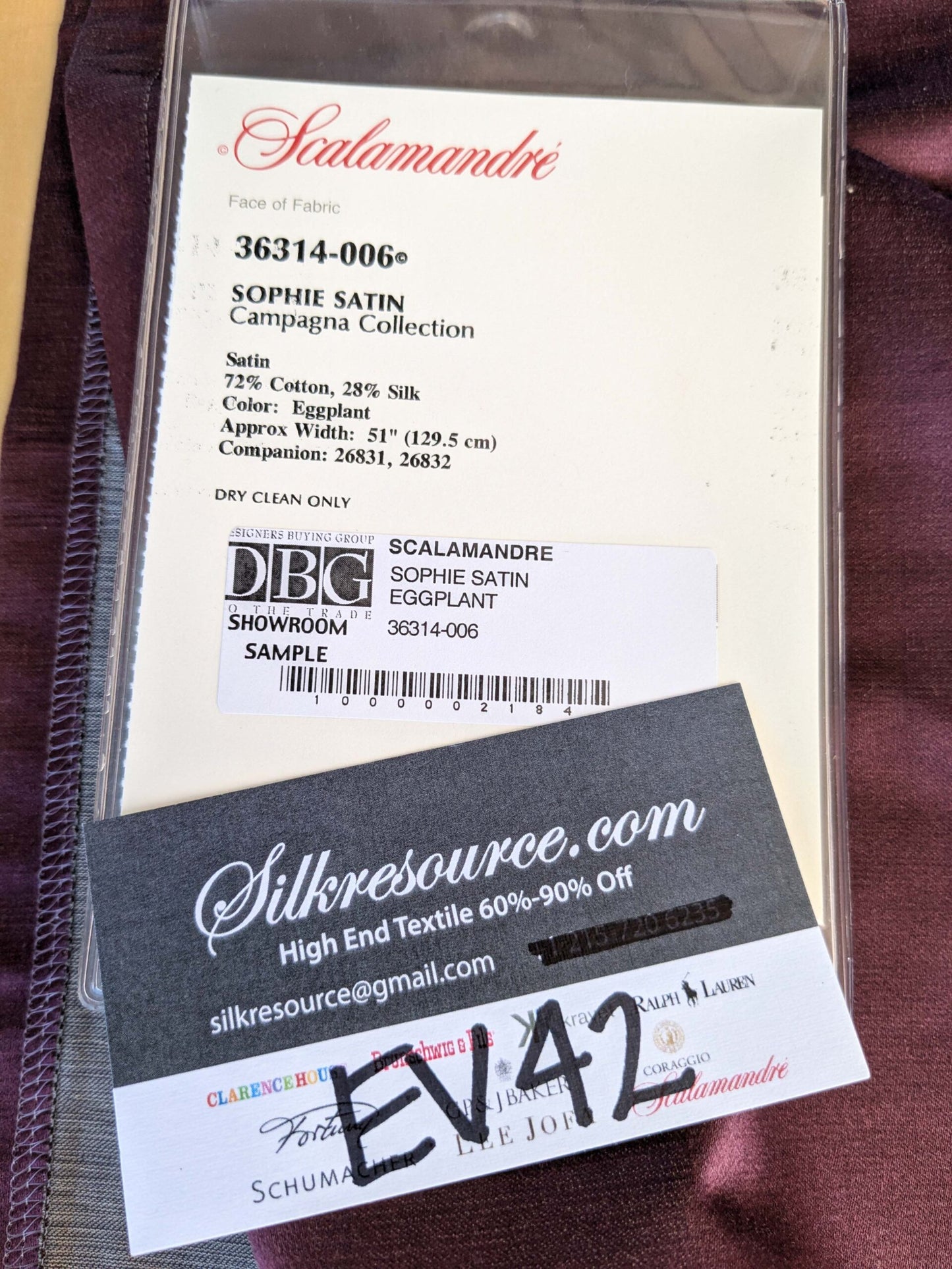 28 EV42 2.4y x 51"w Scalamandre Sophie Satin Eggplant Purple Silk Satin Cotton