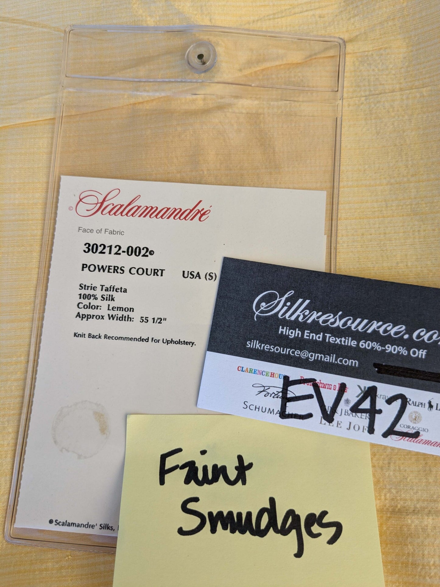 17 EV42 2.2y x 54"w Scalamandre Powers Court Lemon Yellow Silk Taffeta Strie MSRP USD 342/Y Faint Smudges