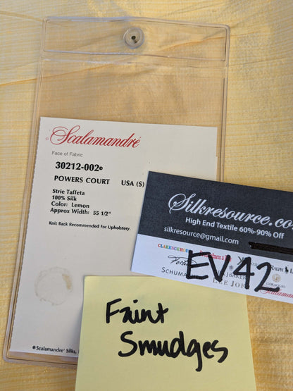 17 EV42 2.2y x 54"w Scalamandre Powers Court Lemon Yellow Silk Taffeta Strie MSRP USD 342/Y Faint Smudges