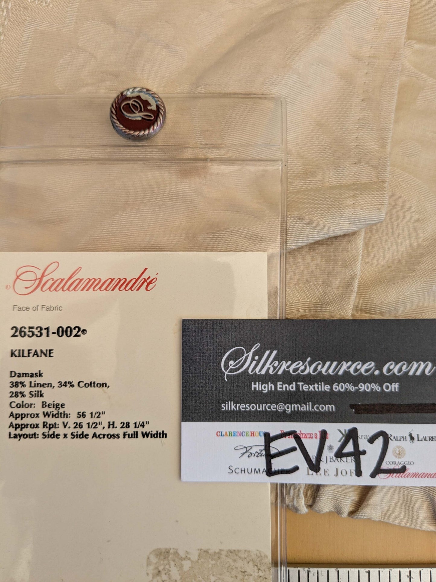 18 EV42 2.4y x 56"w Scalamandre Kilfane Beige Damask Floral Renaissance Silk Blend