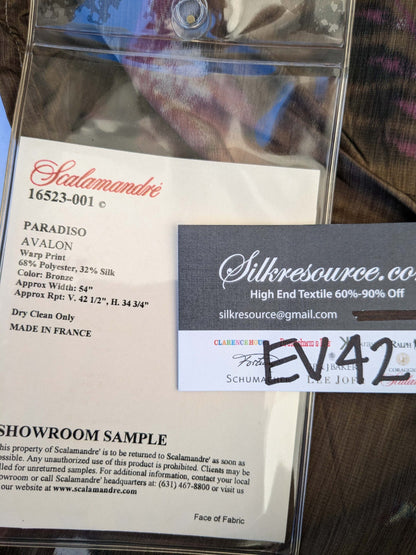 19 EV42 2.4y x 54"w Scalamandre Paradiso Bronze Brown Purple Bird Tropical Floral Silk Warp Print Fr France MSRP USD 450/Y